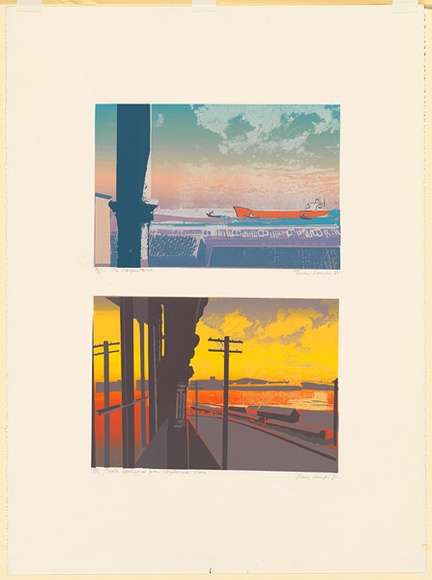 Artist: b'Kenyon, Therese.' | Title: b'The Carpentaria and State Dockyard from Stevenson Place' | Date: 1985 | Technique: b'screenprint, printed in colour, from multiple stencils'