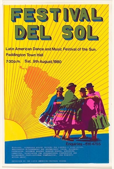 Artist: Lane, Leonie. | Title: Festival del sol: Latin American Dance and Music Festival of the Sun. [1980]. | Date: 1980 | Technique: screenprint, printed in colour, from four stencils | Copyright: © Leonie Lane