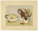 Artist: SELLBACH, Udo | Title: (Fruit bowl with vase of flowers) | Date: 1953, August 8 | Technique: lithograph, printed in colour, from five stones [or plates]