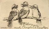 Artist: LINDSAY, Lionel | Title: Greeting card: Wishing you much Christmas laughter | Date: 1955 | Technique: etching, printed in warm black ink, from one plate | Copyright: Courtesy of the National Library of Australia