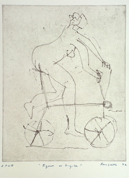 Artist: b'Fransella, Graham.' | Title: b'Figure on a bicycle' | Date: 1992 | Technique: b'softground etching, printed in black ink, from one plate' | Copyright: b'Courtesy of the artist'