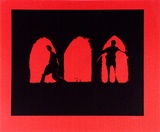 Artist: b'Conacher, Andrew.' | Title: b'(Poster of two figures in archways).' | Date: c.1974 | Technique: b'screenprint, printed in red ink, from one stencil'