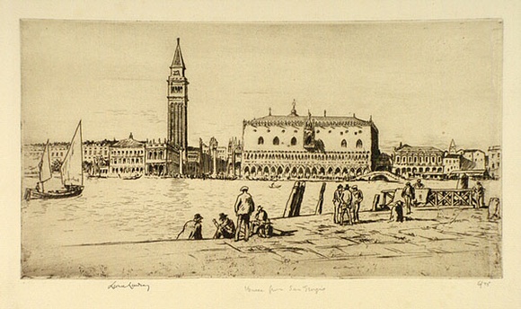 Artist: b'LINDSAY, Lionel' | Title: b'Venice from San Giorgio' | Date: 1938 | Technique: b'etching, printed in brown ink with plate-tone, from one plate' | Copyright: b'Courtesy of the National Library of Australia'