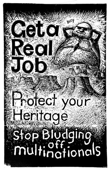 Artist: b'Sharpe, Rodney.' | Title: b'Get a real job. Protect your heritage' | Date: 1993, February | Technique: b'woodcut, printed in black ink, from one masonite block'