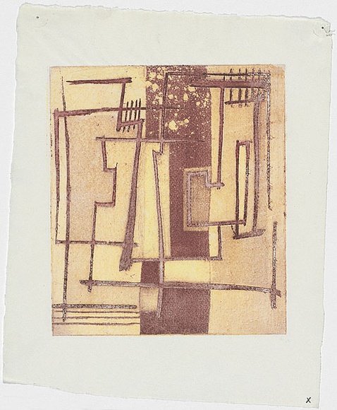 Artist: b'MADDOCK, Bea' | Title: b'Calligraphy' | Date: 1959 | Technique: b'etching, aquatint, deep etch and colour relief, from one copper plate'