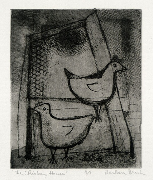 Artist: b'Brash, Barbara.' | Title: b'The chicken house.' | Date: c.1955 | Technique: b'softground printed with plate-tone in brown ink'