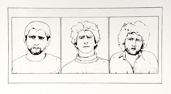 Artist: b'SHOMALY, Alberr' | Title: b'Three important men' | Date: 1972 | Technique: b'etching and engraving, printed in black ink, from three plates'