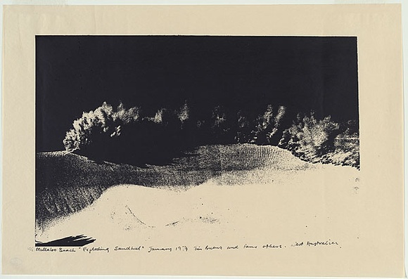 Artist: b'Burns, Tim.' | Title: b'Poster: Exploding sandhill' | Date: January 1974 | Technique: b'screenprint, printed in black ink, from one stencil'