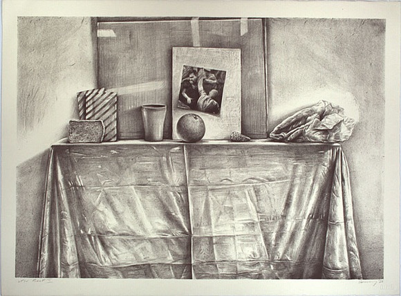 Artist: b'Scurry, John.' | Title: b'not titled [still life with orange and cup on table]' | Date: 1986, September | Technique: b'lithograph, printed in black ink, from one stone'