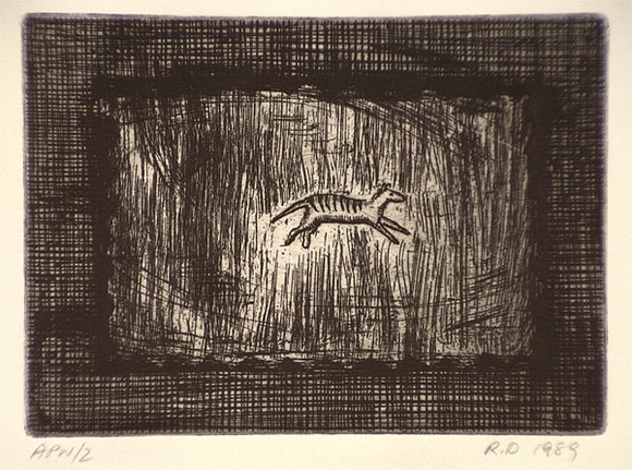 Artist: b'Daw, Robyn.' | Title: b'not titled [tiger leaping with grid frame]' | Date: 1989, November | Technique: b'etching, printed in black ink, from one plate'