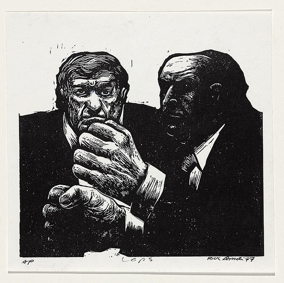 Artist: b'AMOR, Rick' | Title: b'Cops.' | Date: 1977 | Technique: b'linocut, printed in black ink, from one block'