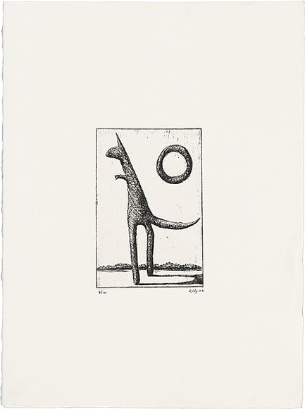 Artist: b'Kelly, John.' | Title: b'Logo in the landscape' | Date: 2002 | Technique: b'etching, printed in black ink, from one plate' | Copyright: b'\xc2\xa9 John Kelly. Licensed by VISCOPY, Australia.'
