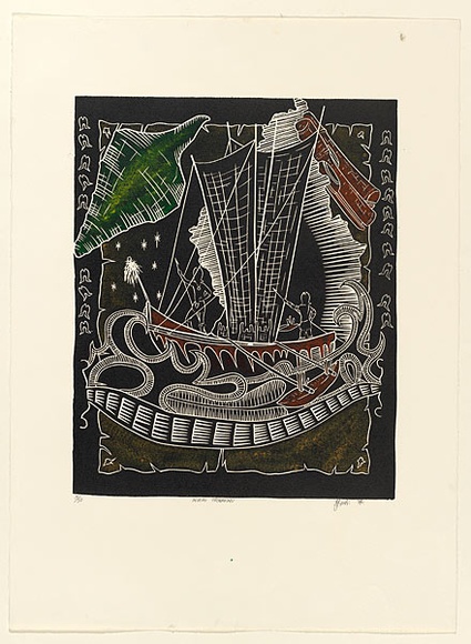 Artist: b'TIPOTI, Alick' | Title: b'Inurau Thonarnu' | Date: 1994 | Technique: b'linocut, printed in black ink, from one block; selectively coloured with coloured inks applied by sponge'