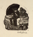 Artist: b'OGILVIE, Helen' | Title: b'not titled [Alfred Felton with an open umbrella]' | Date: (1947) | Technique: b'wood-engraving, printed in black ink, from one block'