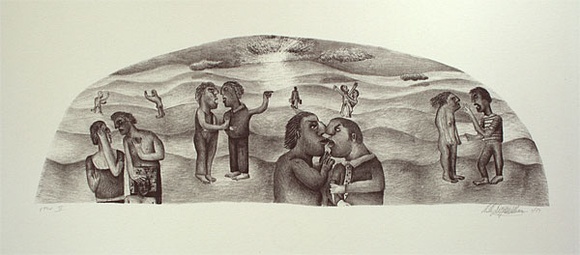 Artist: b'Doggett-Williams, Phillip.' | Title: b'not titled [couples arguing in semi-circle print]' | Date: 1989, July | Technique: b'lithograph, printed in black ink, from one plate'