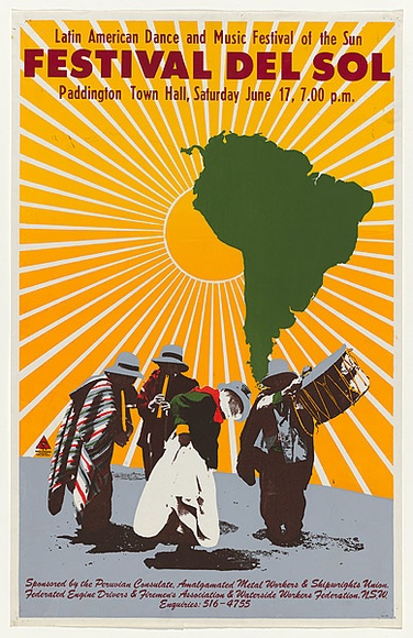 Artist: b'MACKINOLTY, Chips' | Title: b'Latin American dance and music festival of the sun. Festival del sol [1978]' | Date: 1978 | Technique: b'screenprint, printed in colour, from multiple stencils'