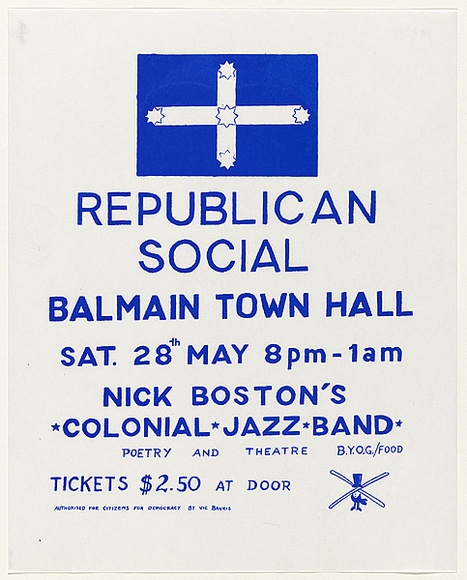 Artist: b'UNKNOWN' | Title: b'Republican social' | Date: 1977 | Technique: b'screenprint, printed in blue ink, from one stencil'