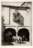 Artist: b'LINDSAY, Lionel' | Title: b'In Zafra market, Spain' | Date: 1928 | Technique: b'etching, printed in brown ink, from one plate' | Copyright: b'Courtesy of the National Library of Australia'