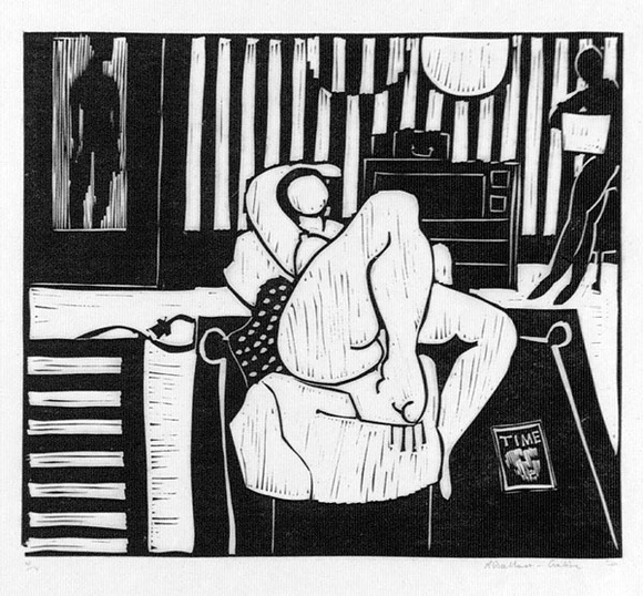 Artist: b'Wallace-Crabbe, Robin.' | Title: b'Nude' | Technique: b'linocut, printed in black ink, from one block' | Copyright: b'\xc2\xa9 Robin Wallace-Crabbe, Licensed by VISCOPY, Australia'