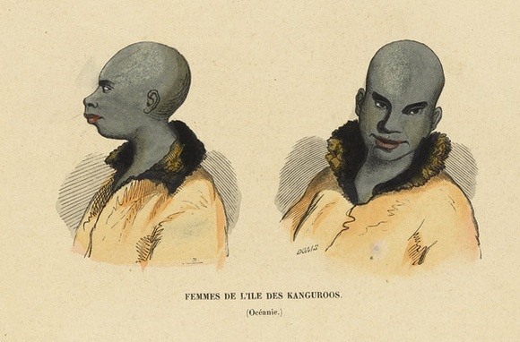 Title: bFemme de L'Ile des Kanguroos | Date: c.1840s | Technique: b'lithograph, printed in black ink, from one stone [or plate]; hand-coloured'