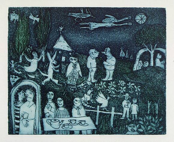 Artist: b'Allen, Joyce.' | Title: b'(Tea party).' | Date: (1980s) | Technique: b'etching, aquatint printed in colour, from two  plates'