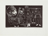 Artist: b'WALKER, Murray' | Title: b'El Mundo and vignettes.' | Date: 1975 | Technique: b'linocut, printed in black ink, from one block'