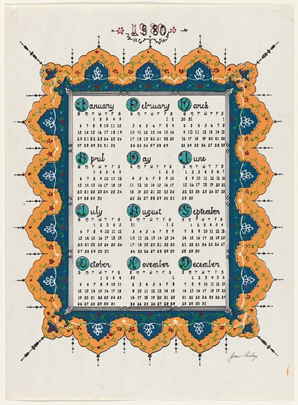 Artist: b'RILEY, Jean' | Title: b'(Calendar, 1980)' | Date: 1979 | Technique: b'screenprint, printed in colour, from multiple stencils'