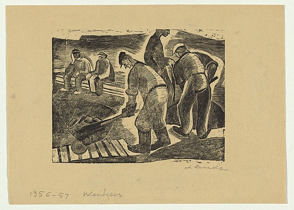 Artist: b'Groblicka, Lidia.' | Title: b'Workers' | Date: 1956-57 | Technique: b'woodcut, printed in black ink, from one block'