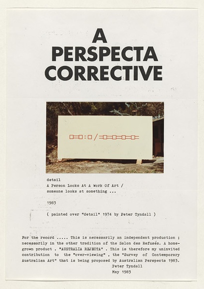 Artist: b'TYNDALL, Peter' | Title: b'A perspecta corrective' | Date: 1983 | Technique: b'type C photograph; offset-lithograph, printed in black ink'