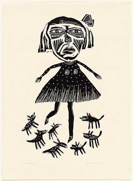 Artist: b'HANRAHAN, Barbara' | Title: b'Girl with Dogs' | Date: 1989 | Technique: b'linocut, printed in black ink, from one block'