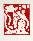 Artist: b'Sharp, James.' | Title: b'(Cogs)' | Technique: b'linocut, printed in red ink, from one block' | Copyright: b'\xc2\xa9 Estate of James Sharp'