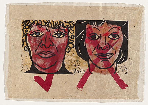 Artist: b'KOGAN, Danial' | Title: b'Childproof [page 24]' | Date: 1993 | Technique: b'linocut, printed in red and black ink, from two blocks; additional handcolouring' | Copyright: b'\xc2\xa9 Danial Lalor Kogan'