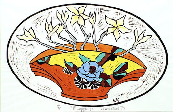 Artist: b'Varvaressos, Vicki.' | Title: b'Frangipanis' | Date: 1980 | Technique: b'linocut, printed in black ink, from one block; hand-coloured' | Copyright: b'\xc2\xa9 Vicki Varvaressos'