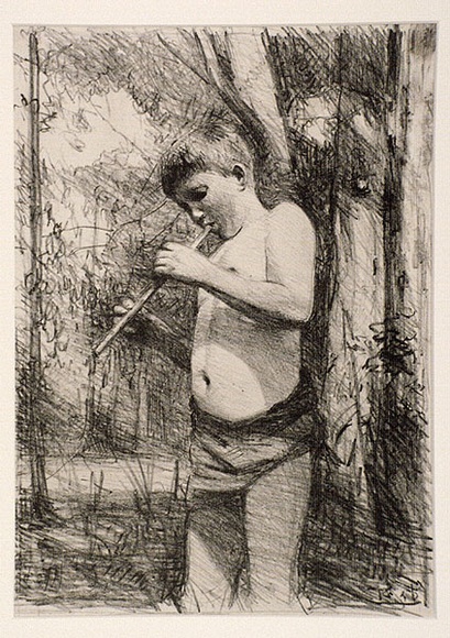 Artist: b'Reynolds, Frederick George.' | Title: b'(Boy playing a flute)' | Date: 1927 | Technique: b'lithograph, printed in black ink, from one stone'