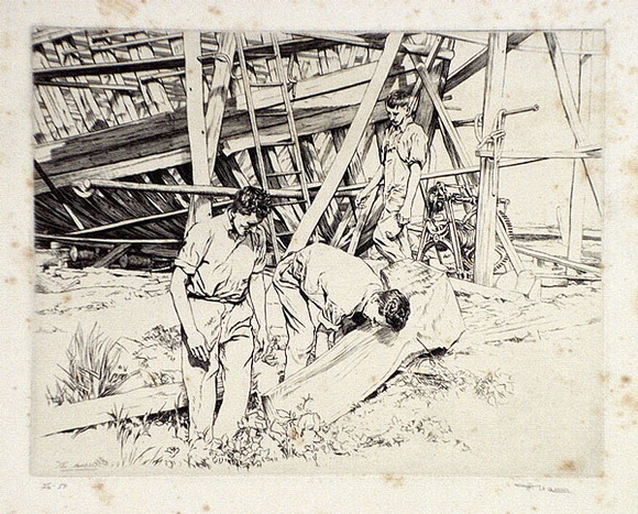 Artist: b'Warner, Alfred Edward.' | Title: b'Boat builders' | Date: 1935 | Technique: b'etching, printed in black ink, from one plate'