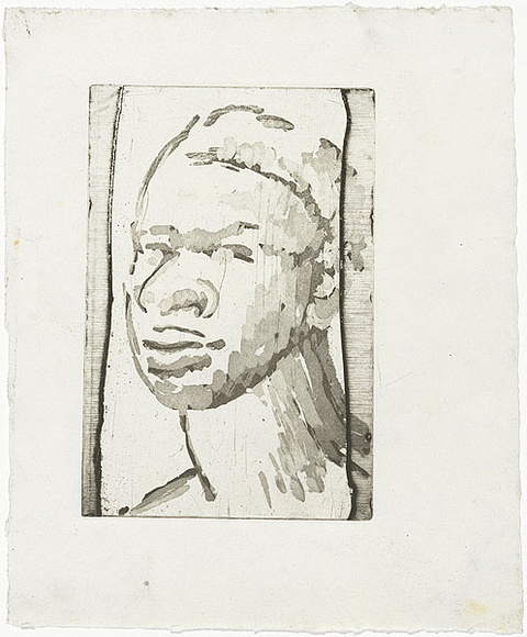 Artist: b'MADDOCK, Bea' | Title: b'Negro head' | Date: 1960 | Technique: b'etching, sugar-lift aquatint over previous deep-etch, printed in black ink,  from one reused copper plate'