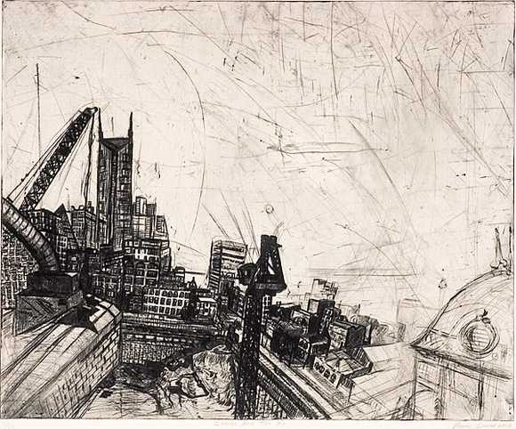 Artist: b'Luccio, Marco.' | Title: b'Cranes and the pit.' | Date: 2003 | Technique: b'drypoint, printed in black ink, from one plate'