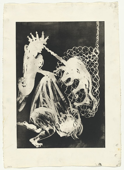 Artist: b'BOYD, Arthur' | Title: b'(Caged unicorn).' | Date: 1973-74 | Technique: b'aquatint, printed in black ink, from one plate' | Copyright: b'Reproduced with permission of Bundanon Trust'