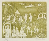 Artist: b'Allen, Joyce.' | Title: b'(Tea party).' | Date: (1980s) | Technique: b'etching, aquatint printed in green ink, from one  plate'