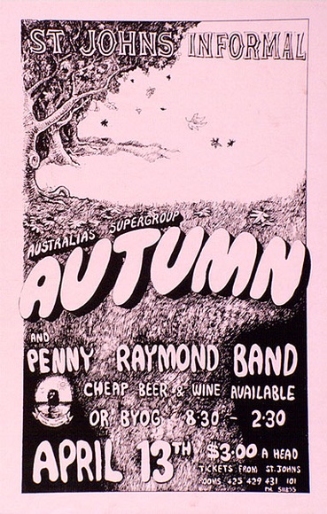 Artist: b'HEPWORTH, John' | Title: bAustralia's suprergroup Autumn and Penny Raymond Band. | Date: 1975 | Technique: b'screenprint, printed in black ink, from one stencil'