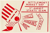 Artist: b'Stewart, Jeff.' | Title: b'Settlement market day (...stalls, bargains, music, clowns).' | Date: 1980 | Technique: b'screenprint, printed in red ink, from one stencil'