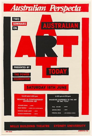 Artist: b'Debenham, Pam.' | Title: b'Australian Perspecta. Two seminars on Australian art today.' | Date: 1983 | Technique: b'screenprint, printed in colour, from two stencils'