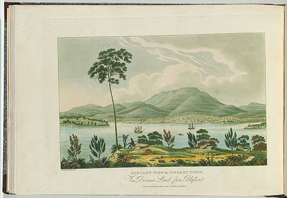 Artist: b'LYCETT, Joseph' | Title: bDistant view of Hobart Town, Van Diemen's Land, from Blufhead. | Date: 1825 | Technique: b'etching, aquatint and roulette, printed in black ink, from one copper plate; hand-coloured'