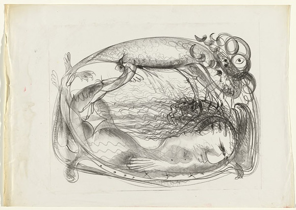 Artist: b'BOYD, Arthur' | Title: b'not titled [Nude female on sofa with beast].' | Date: 1960-70 | Technique: b'lithograph, printed in black ink, from one stone [or plate]' | Copyright: b'Reproduced with permission of Bundanon Trust'