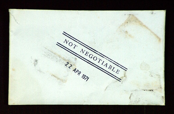 Artist: b'Hutchison, Noel' | Title: b'Not negotiable.' | Date: 1971 | Technique: b'typescript, printed in red and black ink; hand-stamped rubber stamps; photograph'