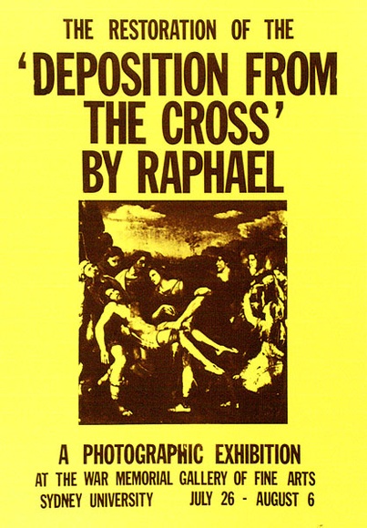 Artist: b'MUSEUM CURATORS CLASS' | Title: bThe restoration of the 'Deposition from the Cross' by Raphael. A photographic exhibition. | Date: 1976 | Technique: b'screenprint, printed in purple ink, from one stencil'