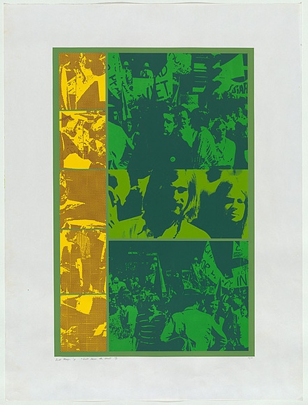 Artist: b'MEYER, Bill' | Title: b'Stroll down the street (Green and gold)' | Date: 1971 | Technique: b'screenprint, printed in six colours, from multiple stencils' | Copyright: b'\xc2\xa9 Bill Meyer'