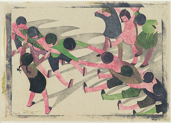 Artist: b'Spowers, Ethel.' | Title: b'Tug of war' | Date: 1933 | Technique: b'linocut, printed in colour, from four blocks (pink, emerald green, grey and dark blue)'