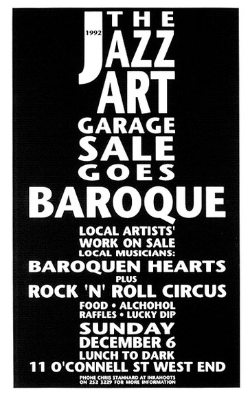 Artist: b'Stannard, Chris.' | Title: b'The jazz art garage sale' | Date: 1992, November | Technique: b'screenprint, printed in black ink, from one stencil'