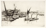 Artist: LONG, Sydney | Title: The river from Blackfriars Bridge | Date: 1925 | Technique: line-etching and drypoint, printed in black ink with plate-tone, from one copper plate | Copyright: Reproduced with the kind permission of the Ophthalmic Research Institute of Australia